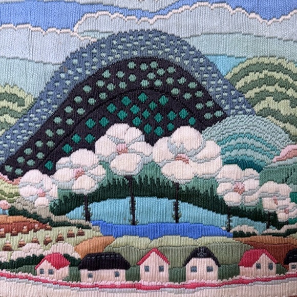 VTG Long-stitch Needlepoint/Crewel Embroidery “In The Happy Valley” MCM folk art - Picture 1 of 8